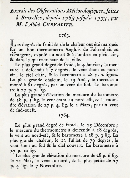 De weerkundige waarnemingen van Abbé Chevalier in 1763 te Brussel werden gepubliceerd in de "Mémoires" van de Brusselse Academie.