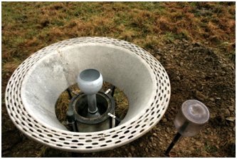 De standaard regenmeter of pluviometer P50 van het Koninklijk Meteorologisch Instituut uitgerust met een Nipher windscherm.