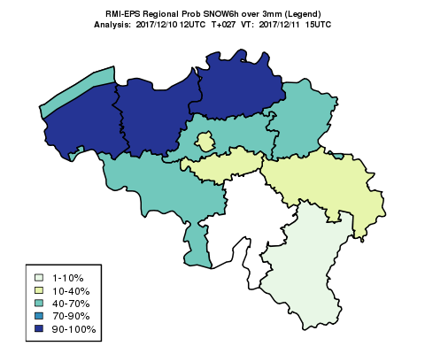 De voorspelde kans op sneeuwval met een hoeveelheid van meer dan 3 mm aan de hand van RMI EPS (geval 11/12/2017).