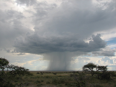 Een bui in de verte. Bij wisselvallig weer zijn er niet alleen stapelwolken maar ook droge perioden