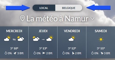 Si vous cliquez sur “LOCAL”, vous verrez les prévisions et observations pour la commune choisie. Le site web retiendra cette commune pour votre prochaine visite.