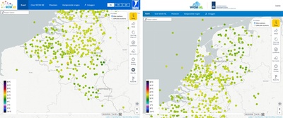 De vernieuwde portalen WOW-BE (links, wow.meteo.be) en WOW-NL (rechts, wow.knmi.nl) draaien op hetzelfde platform, beheerd door het KMI.