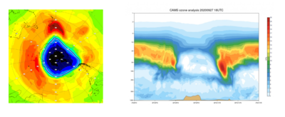 Links: Simulatie met behulp van het Copernicus Atmospheric Monitoring System (CAMS) model van de ozonlaag in eenheden Dobson (DU). Rechts: doorsnede ter hoogte van de Zuidpool: waar normaal de hoogste concentraties zijn, vinden we nu de laagste concentraties (bron: TEMIS Ozone and UV forecast).