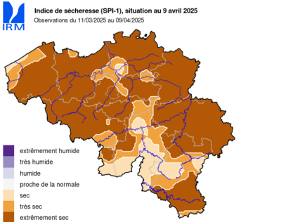 Fig. 2: Overzicht van de SPI over het Belgisch grondgebied over verschillende periodes in de tijd (1 maand, 2 maand, 3 maand en 6 maand)