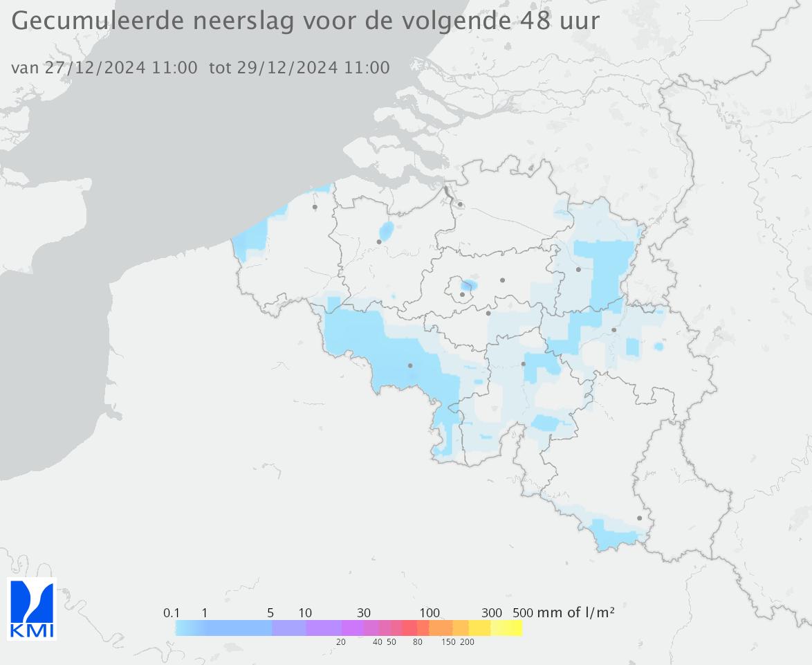 Verwachte neerslagtotalen volgende 48h