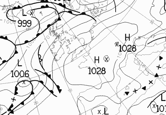 Een hogedrukgebied, boven Frankrijk en onze streken, met een druk van 1028 Hectopascal, houdt de verstoring op afstand (Bron: Met Office).