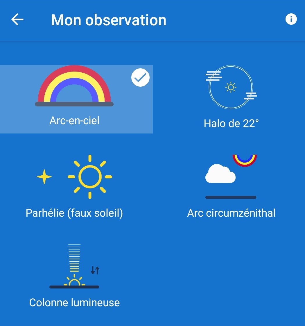 Les observations de phénomènes optiques à rapporter via notre app